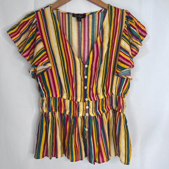 Jessica Simpson Rainbow Striped Flutter Sleeve Peplum Vneck Top Size Small - Picture 8 of 8